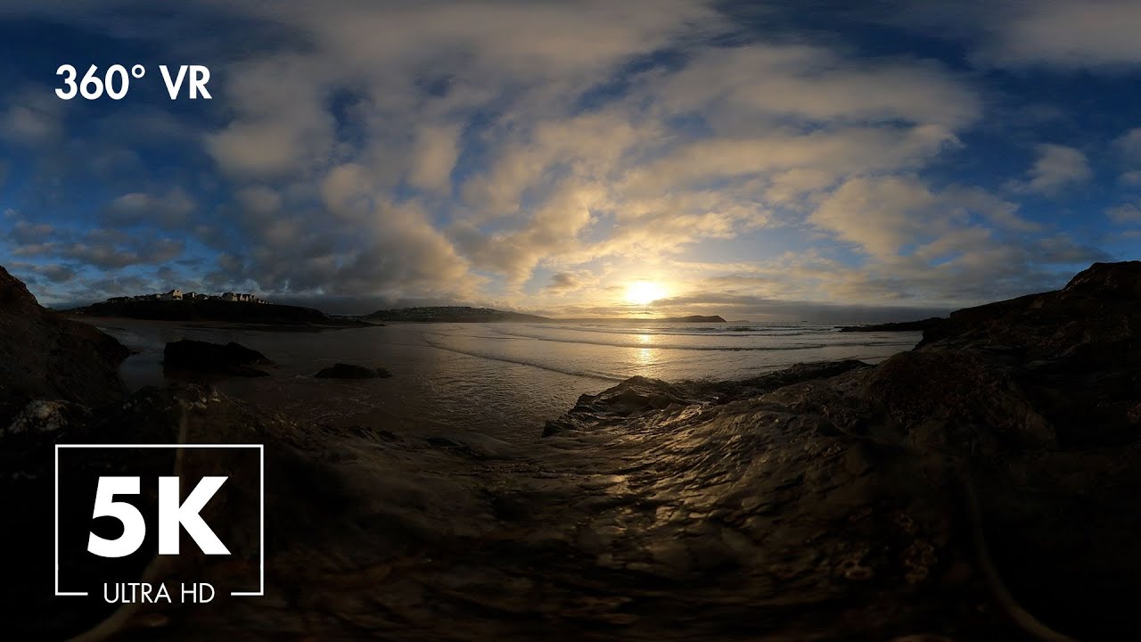 Sunset Ocean Wave Sounds & Relaxing Music in New Polzeath UK - Virtual 360° VR Ultra HD