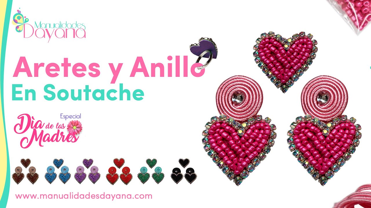 BISUTERÍA EN SOUTACHE PARA LAS MADRES | Aretes y Anillo | Corazón con Strass y Mostacillas Fácil