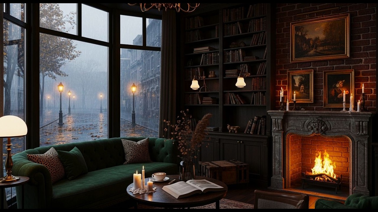 Cozy Rainy Night Library Café – Soft Jazz Piano & Fireplace Ambience for Study and Relax