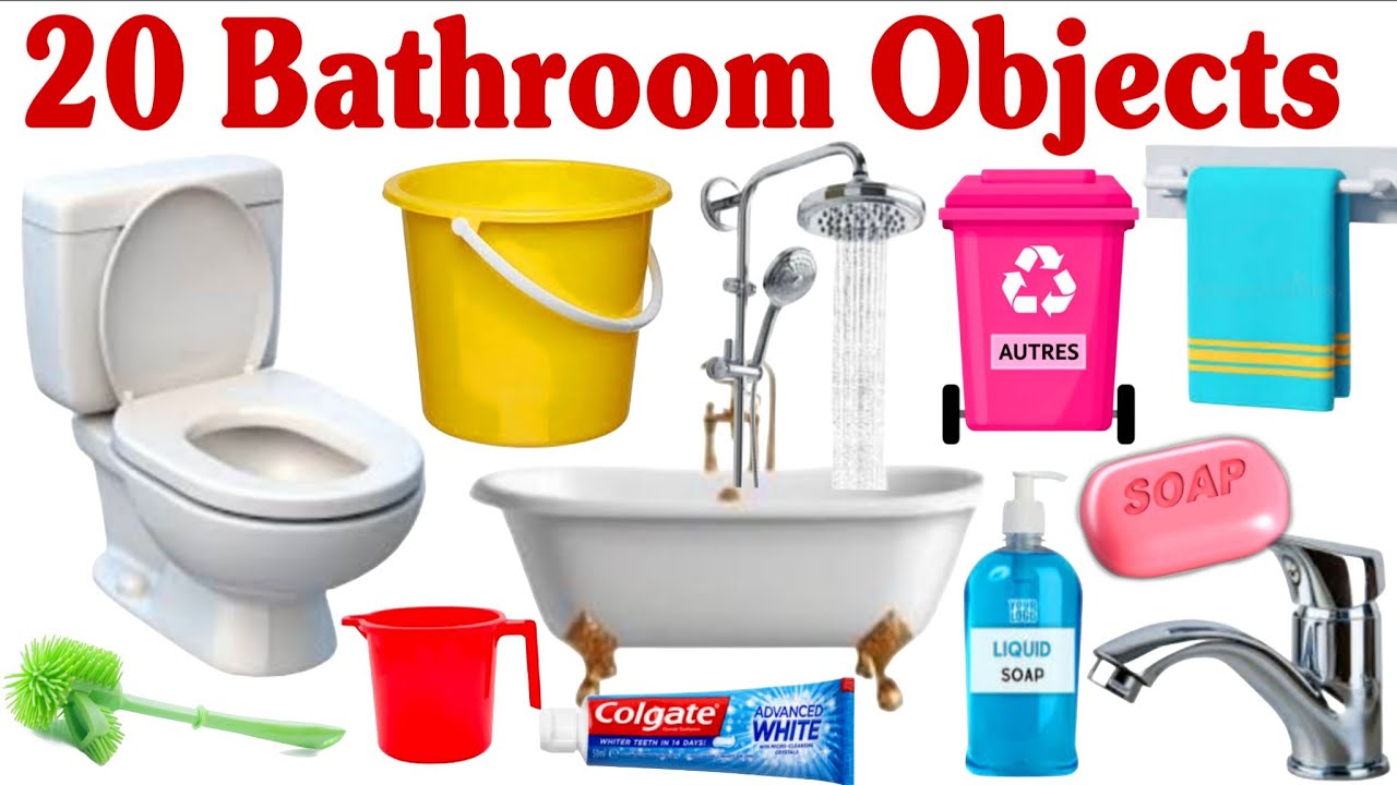 20 बाथरूम की चीज़ों के नाम | Learn 20 Bathroom Objects Name in English and Hindi For kids
