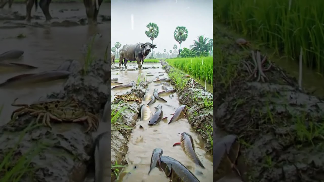 Peaceful rice field full of fish look beautiful. 