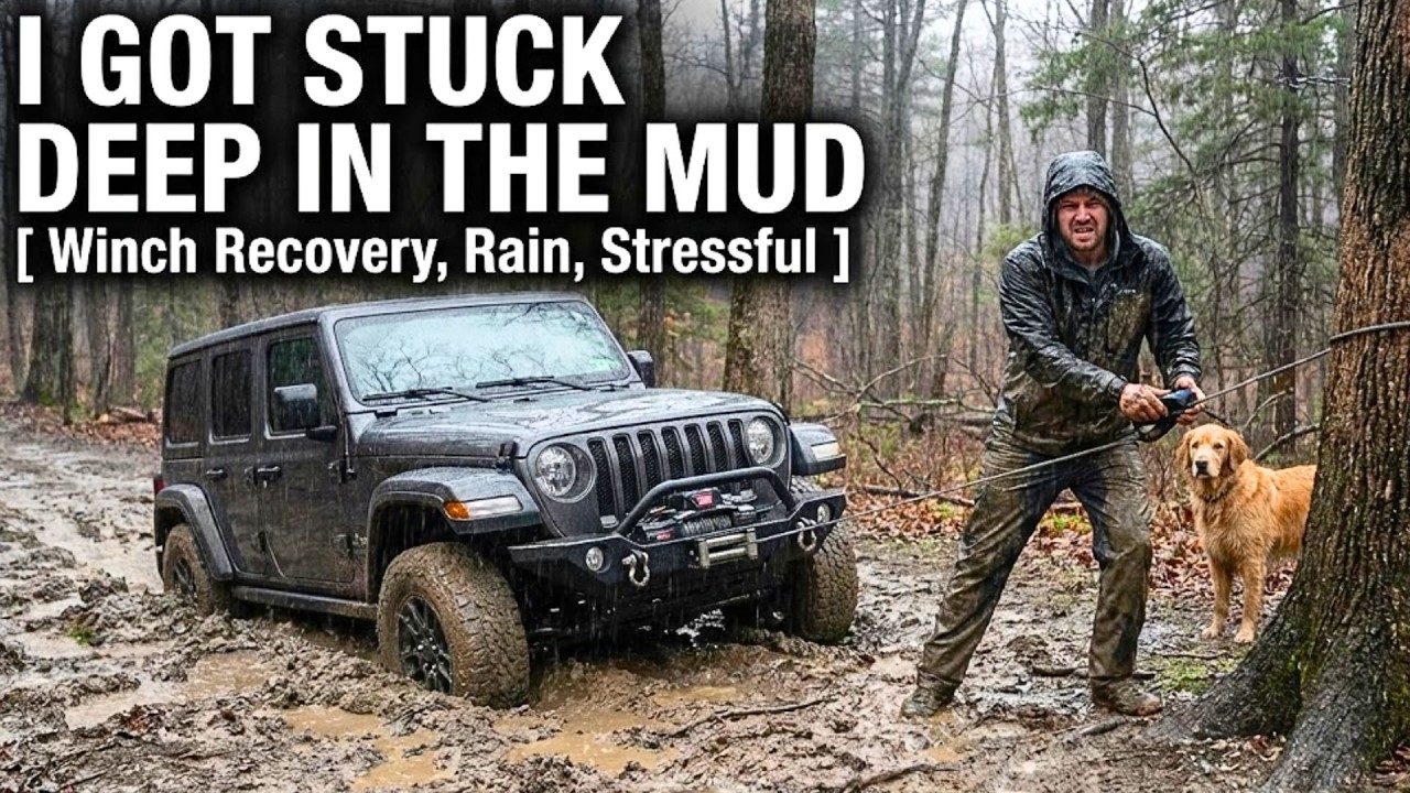 I got STUCK deep in the Mud while Solo Camping [ Winch Recovery, Rain, Stressful ]