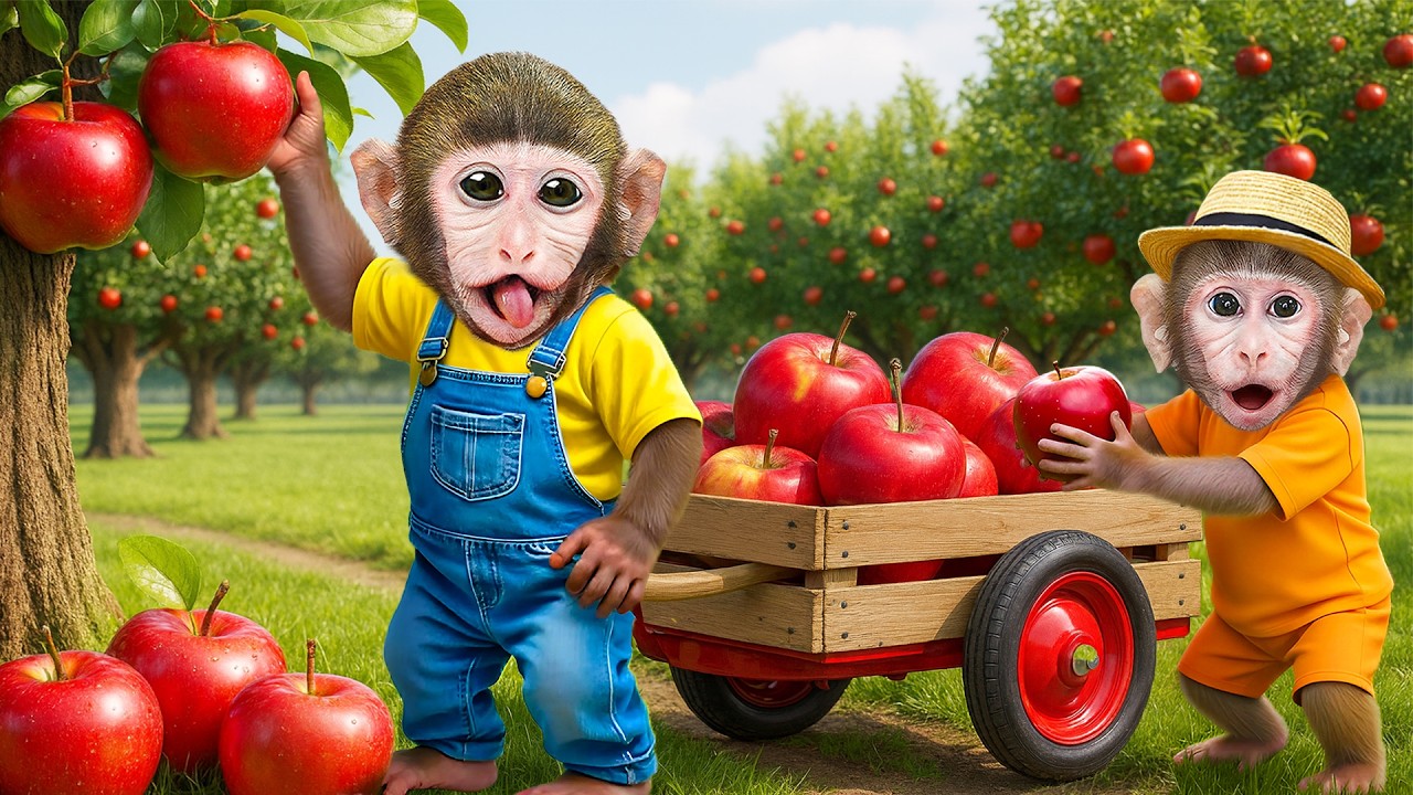 Mono BonBon y el Bebé Mono Ven la Televisión Felices y Luego Van a la Granja a Cosechar Manzanas 🍎