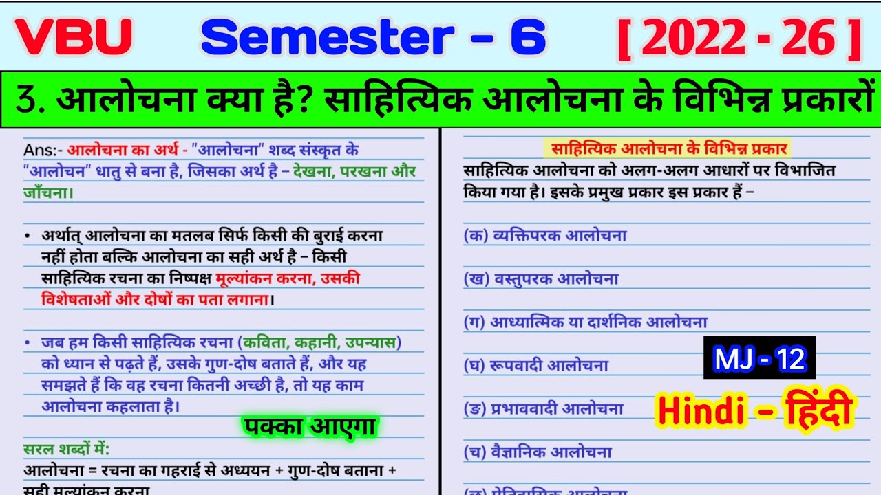 Aalochana kya hai l sahityik aalochana ke vibhinn prakaron ka vistarpurvk varnan Karen l sem 6 mj 12
