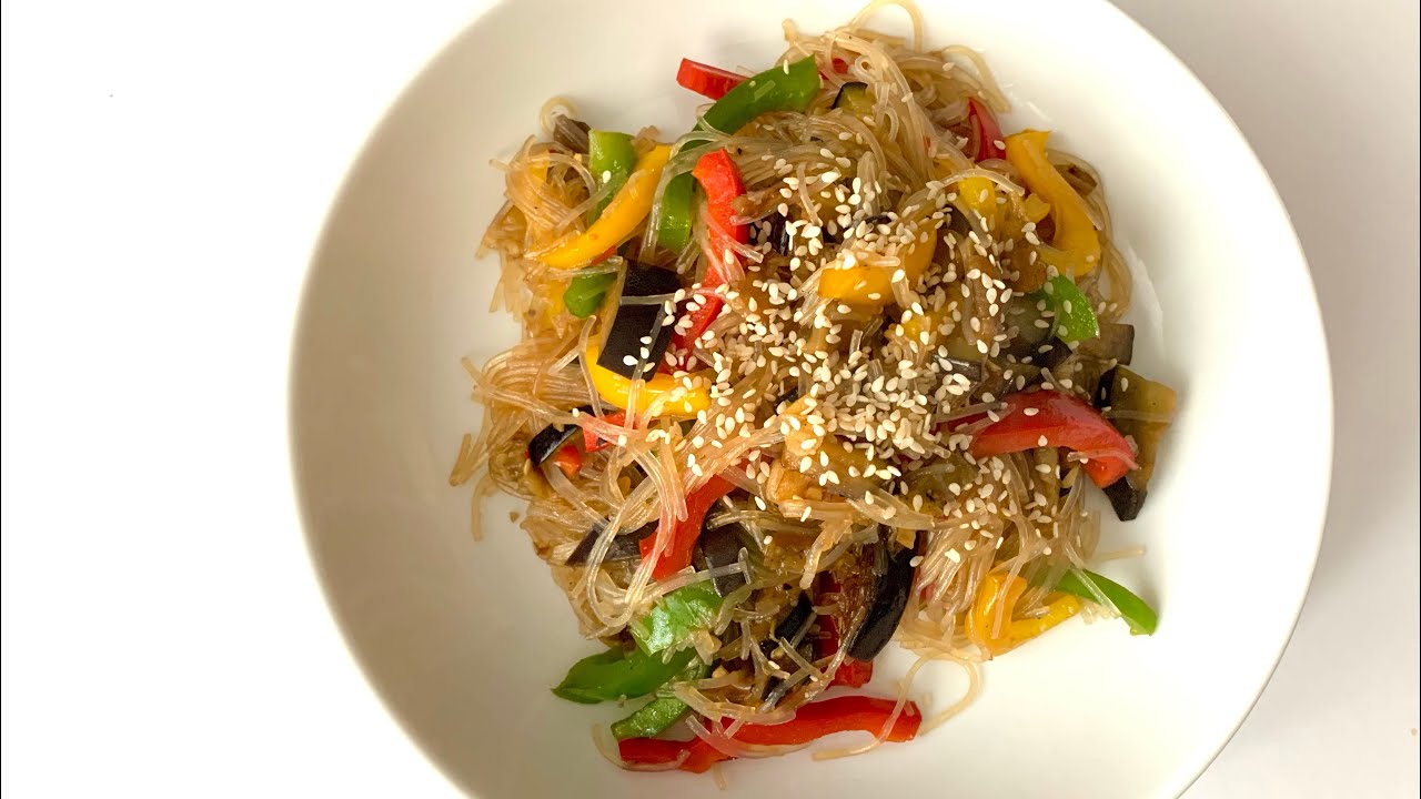 Обед за 15 минут | Фунчоза с баклажаном и паприкой | рецепты без мяса