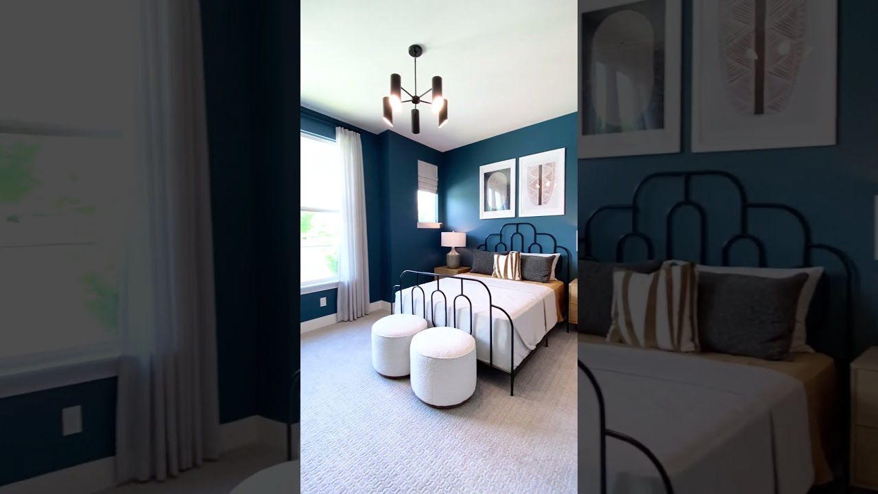 Guest or Teen Boho Bedroom Design with Dark Teal Blue Walls - Model Home Tour