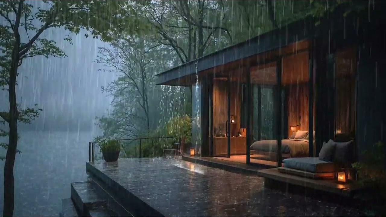 Heavy Rain at a Modern Forest Cabin — Warm & Cozy Interior for Sleep, Relax, Focus