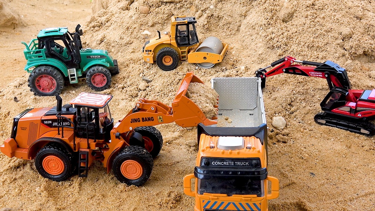 Police car rescue construction vehicles from the hand in the cave