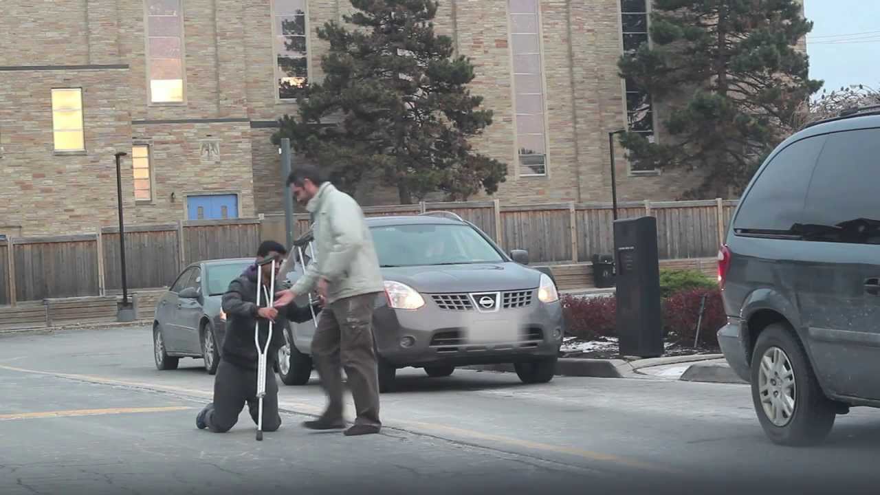 Falling On Crutches At The Drive Through