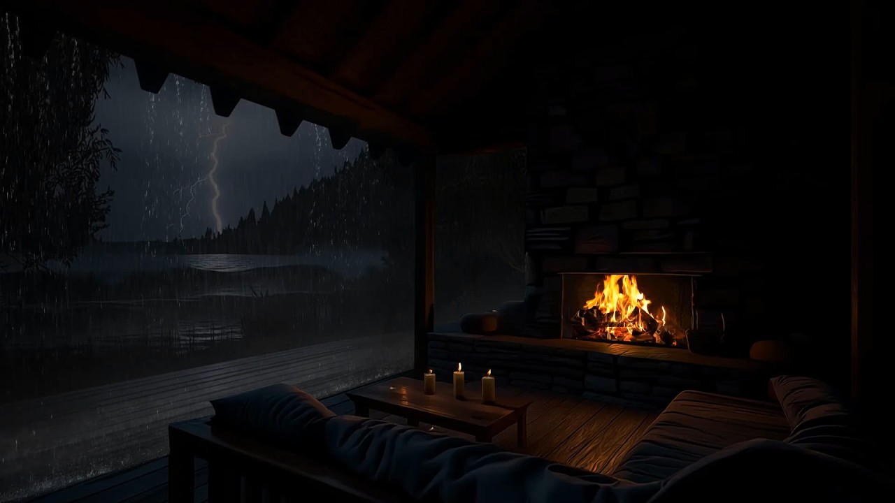 🌊 No Ads Cozy Seaside Porch | Gentle Rain, Distant Thunder & Crackling Fire | Deep Sleep Ambience 🔥
