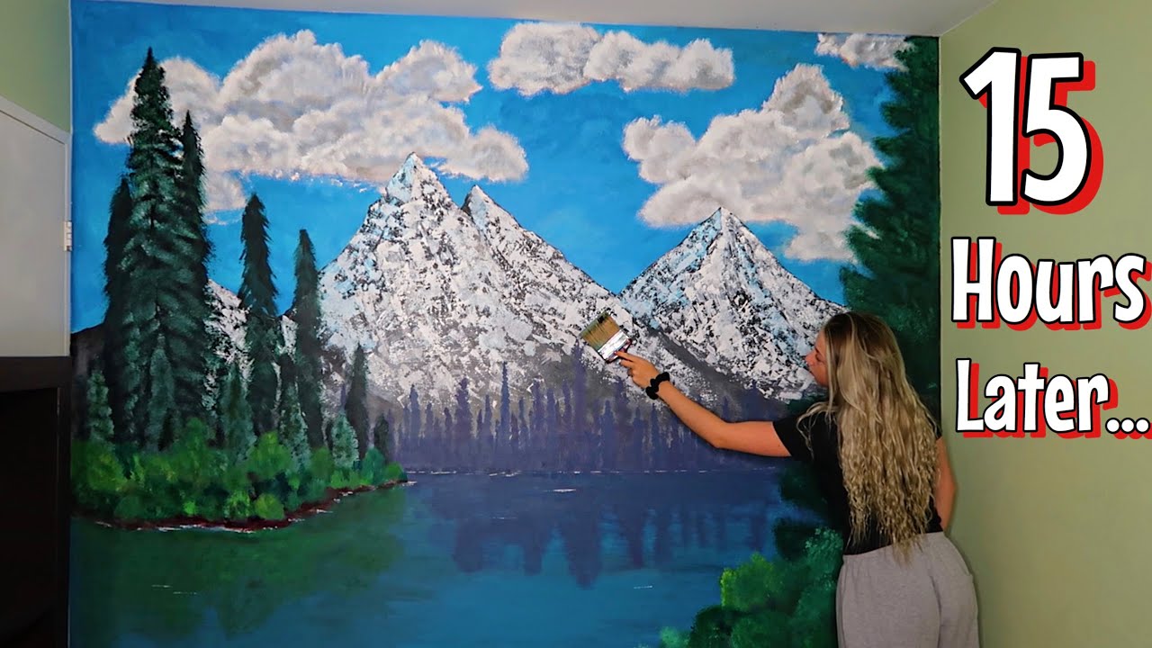 Following a Bob Ross Tutorial On My Bedroom Wall