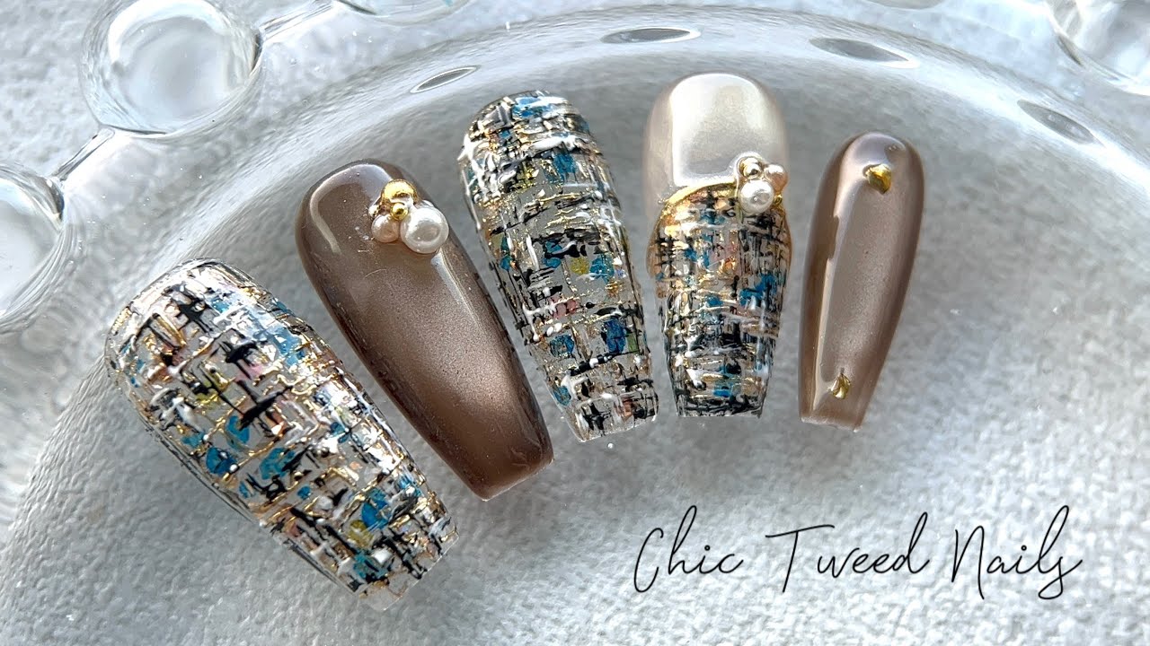 Elegant Tweed Nail Art Tutorial | Chic Gold Accent Design
