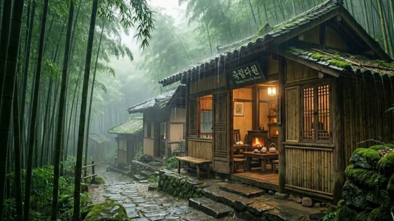 #30 🌧️ Rainy Bamboo Forest Tea House Ambiance | 비 오는 숲속 찻집 빗소리, 타닥거리는 장작불 ASMR (Sleep, Study, Relax)
