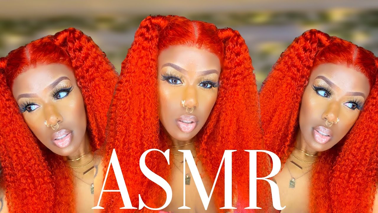 ASMR | Hair Brushing, Spraying & Plucking | Kinky Curly Ginger Wig Install & Review ft. BGM Hair