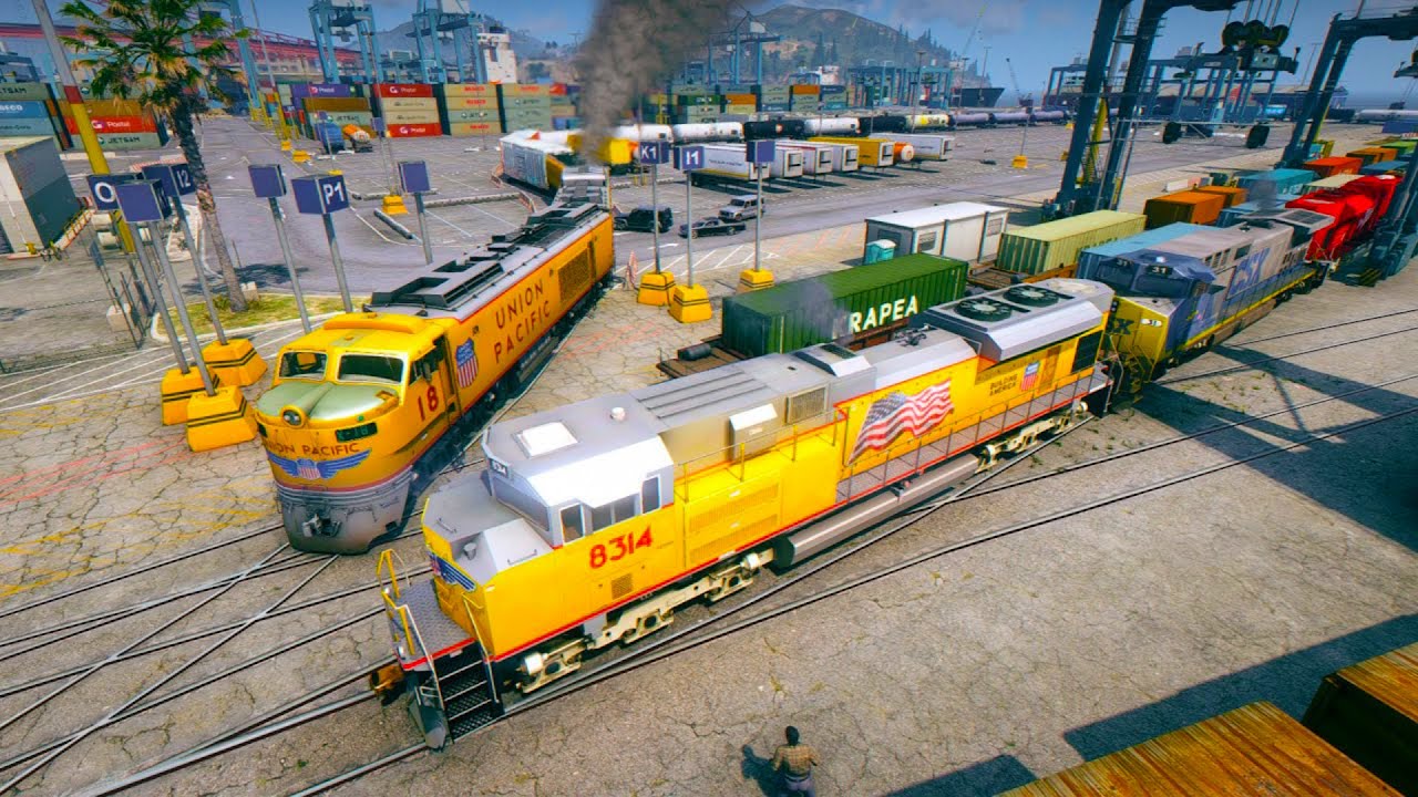 UNION PACIFIC 8314 driving through the EXTENDED PORT RAILROADS! - Grand Theft Auto V