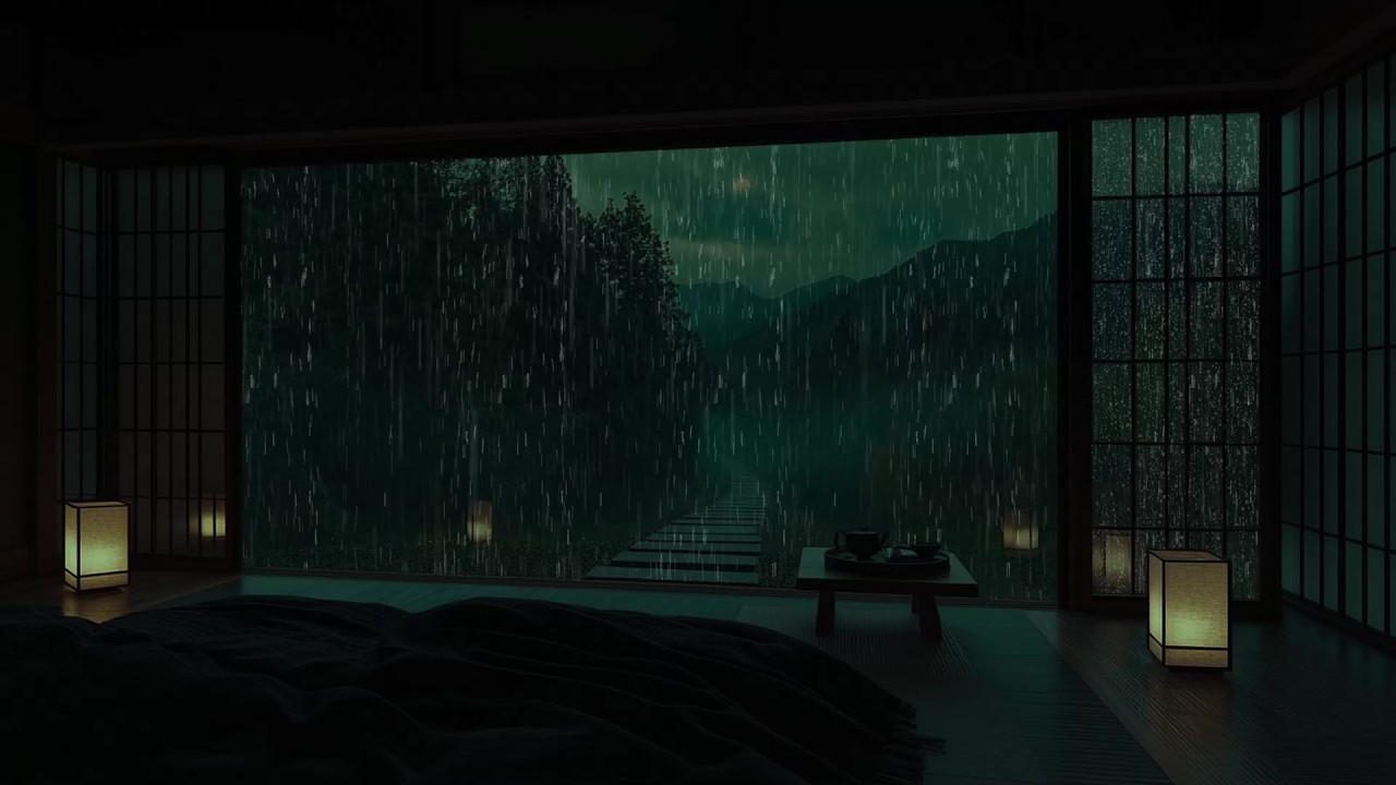 Heavy Rain Sounds at Night for Deep Sleep 🌙 Japanese Room Rain Ambience & Relaxing Nature Soundscape