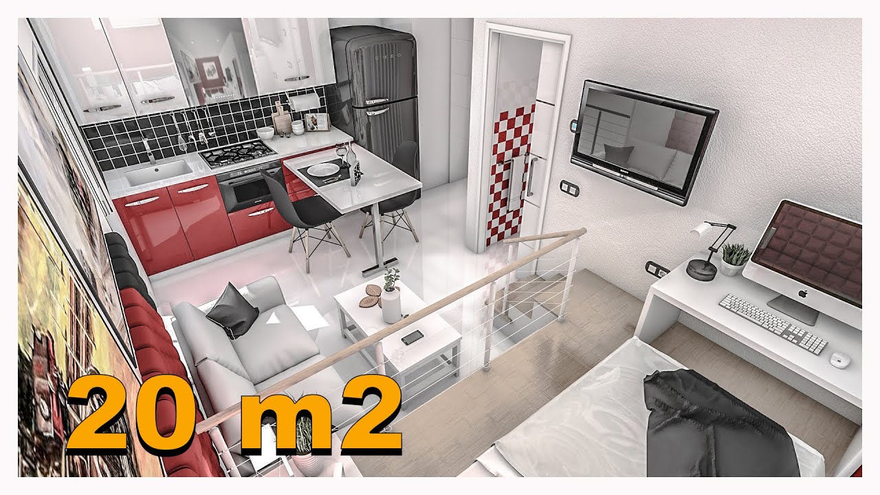 ANIMAZIONE 3D REALIZZATA CON BLOP HOME : Vivere in 20 m2 monolocale colorato di rosso