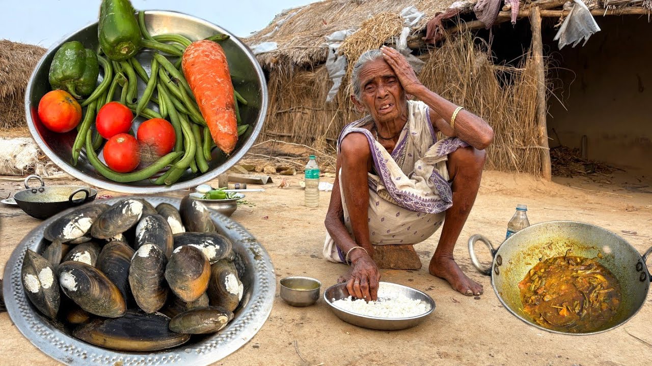 100 year old poor Grandma cooking Freshwater Mussel with Bean & Tomato recipe and eating with rice 