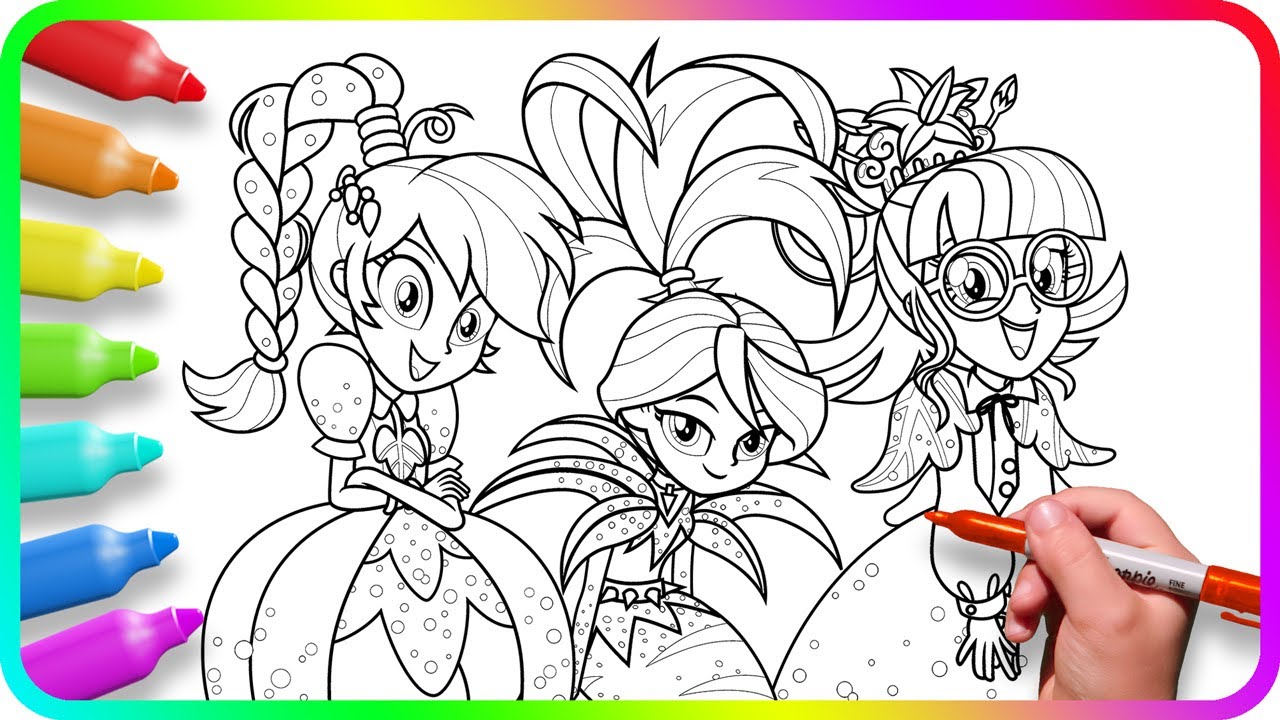 Coloring Pages EQUESTRIA GIRLS costume party. How to color My Little Pony. Easy Drawing Tutorial Art