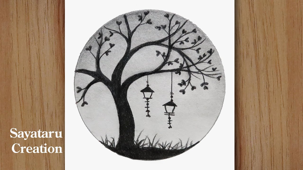 How to draw a Scenery in a Circle with pencil || Tree Lamp Drawing || step by step
