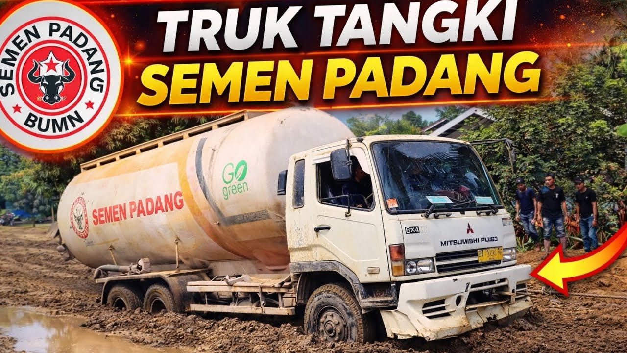 Momen langkah!!truk tangki semen padang melintas di jalan offroad