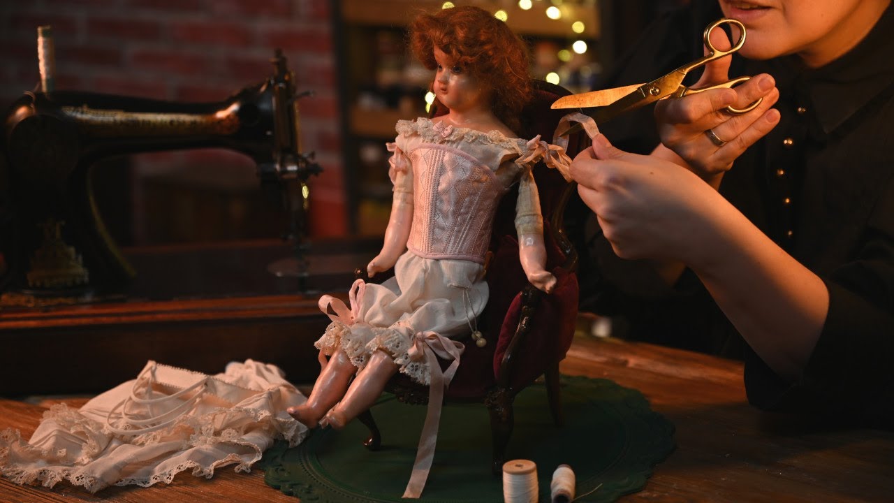 Making lacy Victorian undergarments for an antique wax doll / ASMR unintentional