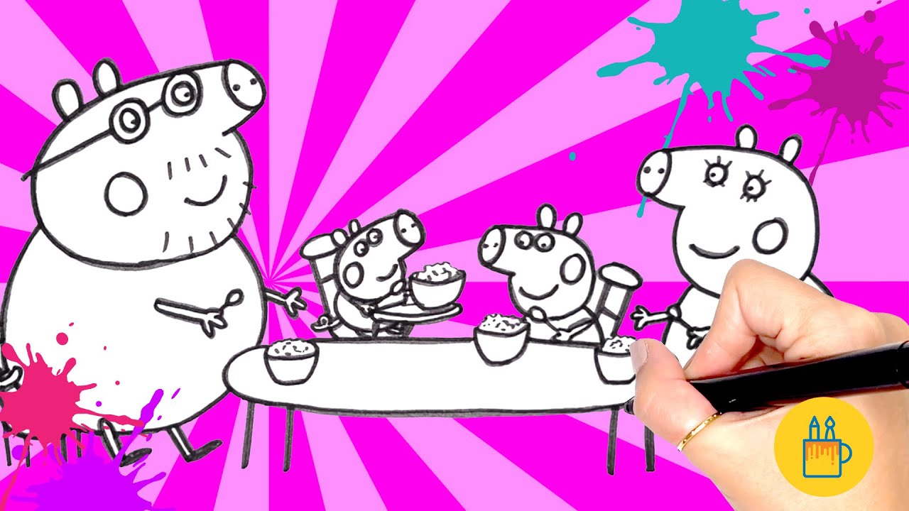 Desenhar e Colorir Peppa Pig, George Pig, Papai Pig e Mamãe Pig tomando café da manhã 🎨🥣🐷