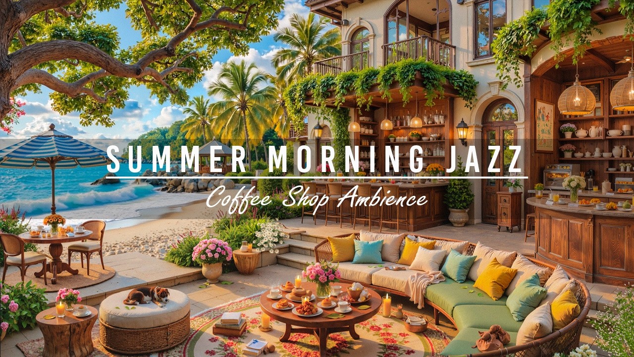 Tranquil Summer Morning at Coffee Shop Ambience 🌊 Soft April Jazz Music of the Beautiful Beach View