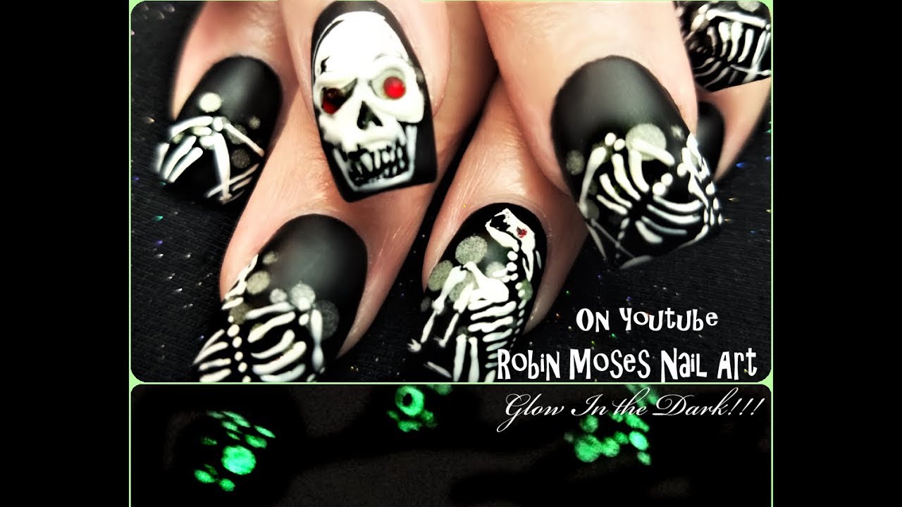 Halloween Nails that glow! Dog Skeleton and Glowing Skulls Nail Art Design Tutorial