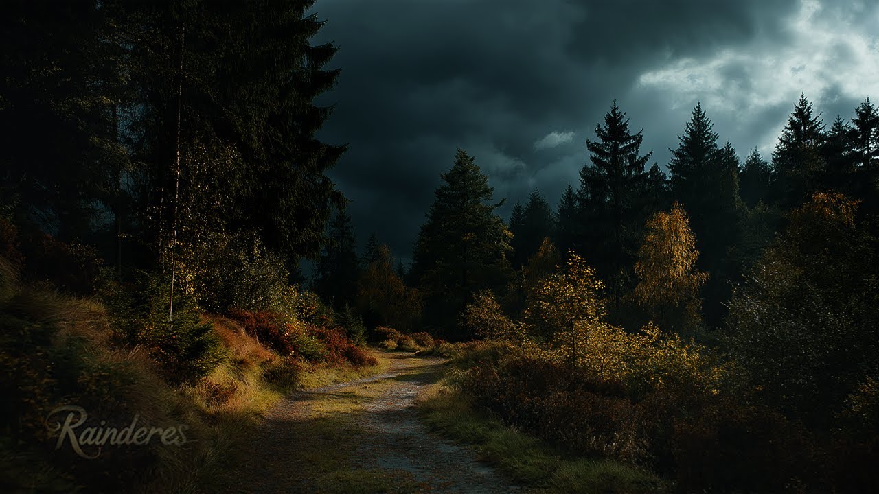 Golden Forest Path Before the Storm – Dark Clouds & Distant Thunder Ambience for Deep Sleep