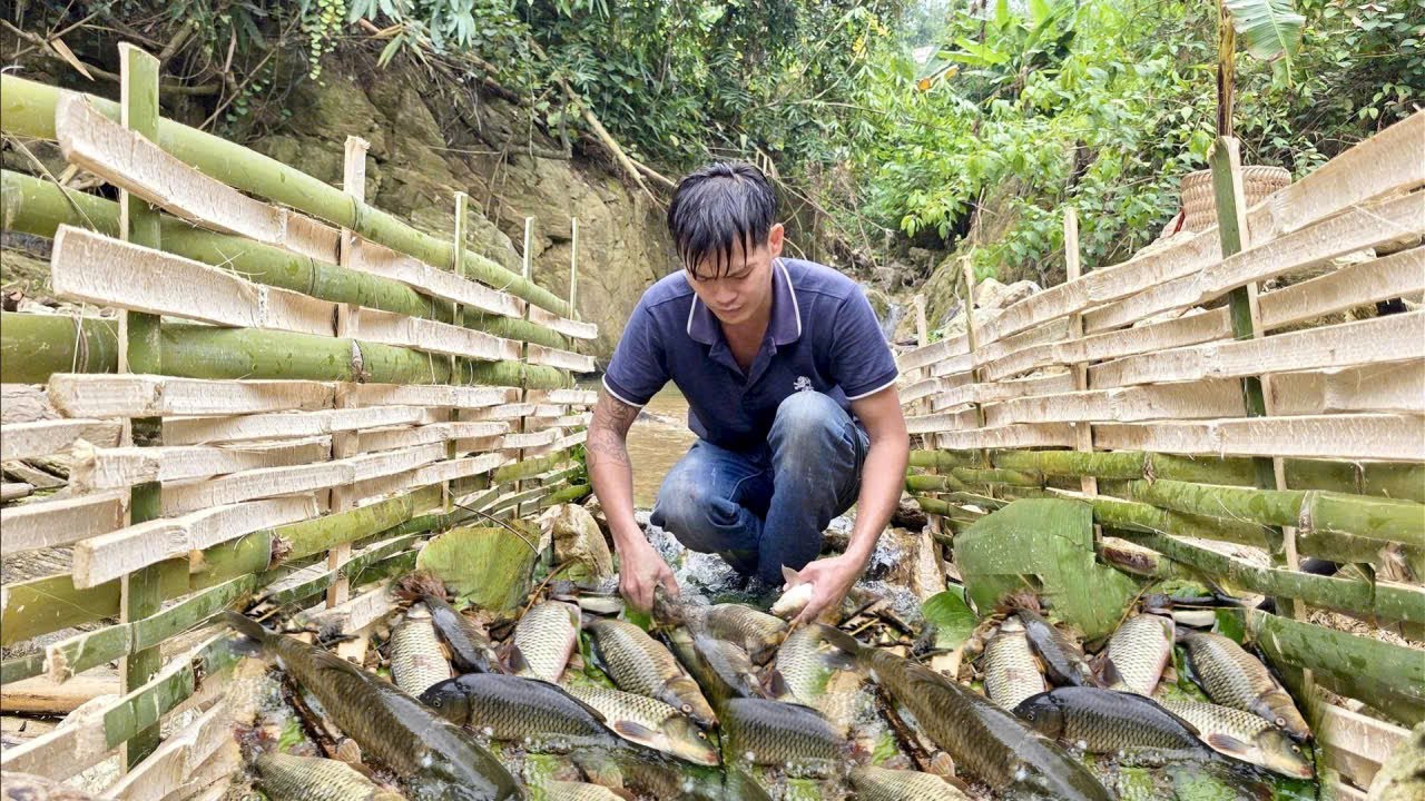young man's skillful hands make traps to catch fish for survival in the forest. trieu hien