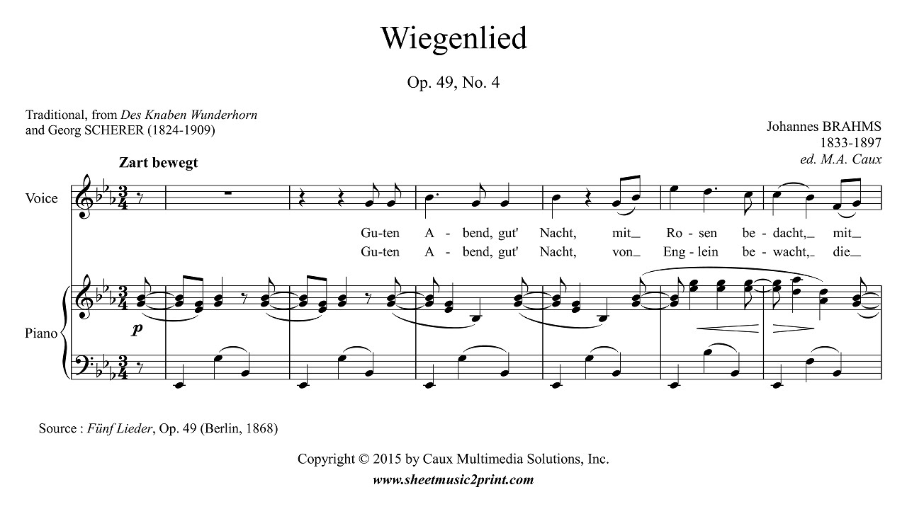 Brahms : Wiegenlied, Op. 49, No. 4 - Original Key (E flat Major)