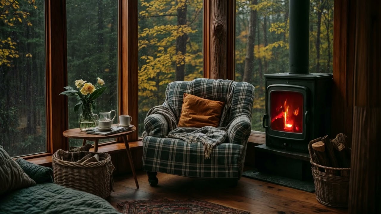 Quiet Forest Cabin Interior 🌲🔥 | Cozy Fireplace & Garden View | Calm Space for Rest, Focus & Sleep