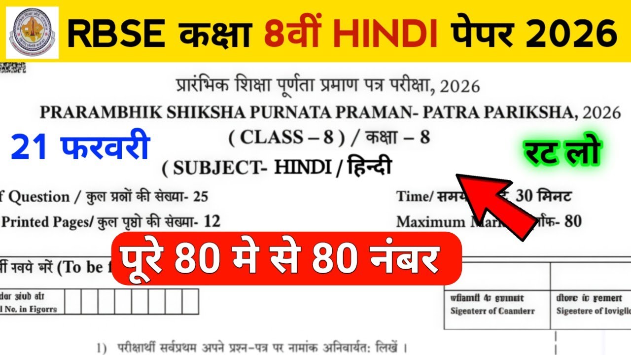 RBSE Class 8th Hindi Paper 21 February 2026 | Rajasthan Board 8th Hindi Question Paper 2026