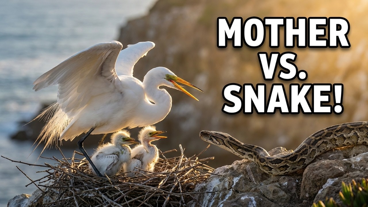 Mother Egret Defends Her Babies From a Hungry Snake