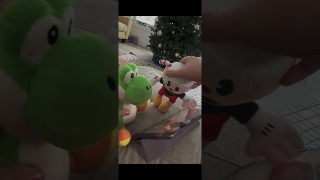 Cuphead and Yoshi watching super Mario Galaxy movie trailer ￼