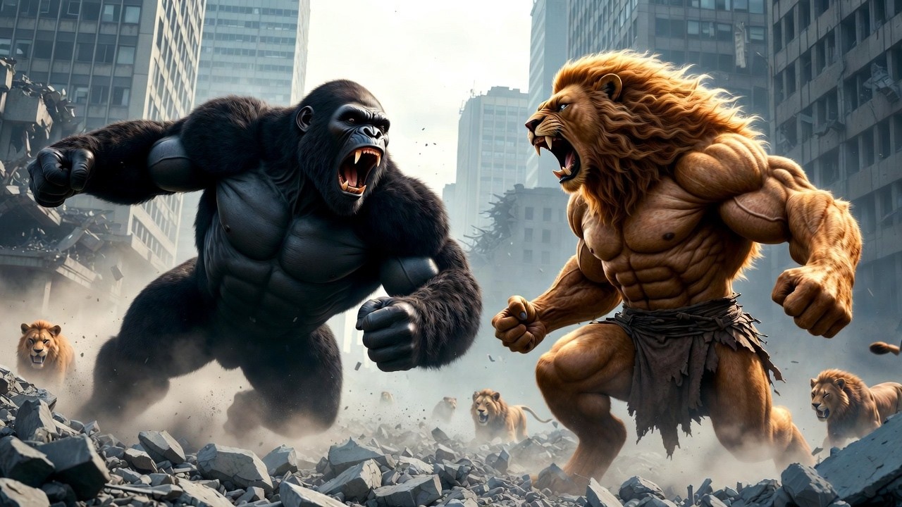 King Kong vs Lion Man 🔥: The biggest battle of ancient beasts in the city 🦍🦁