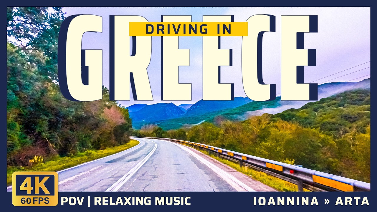 Scenic road Ioannina to Arta, Greece, 3 camera recording 4K, music soundtrack