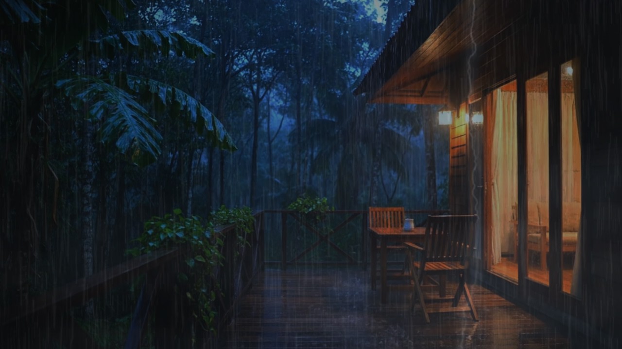 Night Rain and Thunder Outside a Forest Cabin Deck | 3 Hours Calm Rain for Sleep & Relaxation