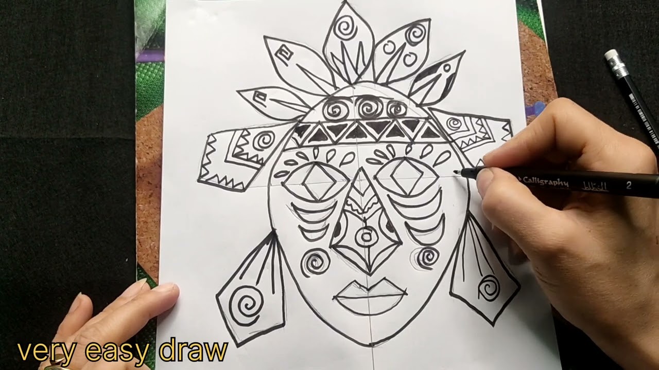 رسم قناع افريقي، رسم الفن الافريقى،رسم وتربية فنية  اولى اعدادي