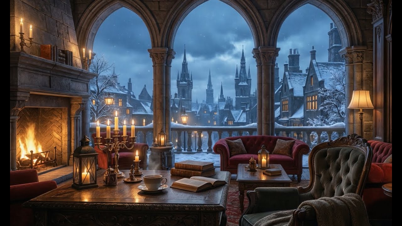 Intimate Dark Academia Study Space | Fireplace Warmth & Winter Jazz Atmosphere
