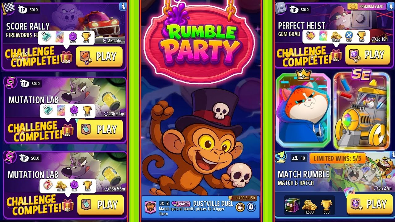 (PARTY+ 4 Solo+Rumble)  Gem Grab/ Mutation Lab 200 & 100 /Fireworks Festival+Rainbow🌈/ Match & Hatch