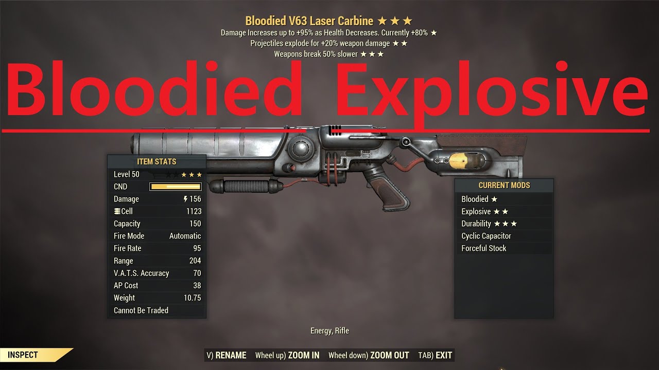 Fallout 76: Bloodied Explosive V63 Laser Carbine.