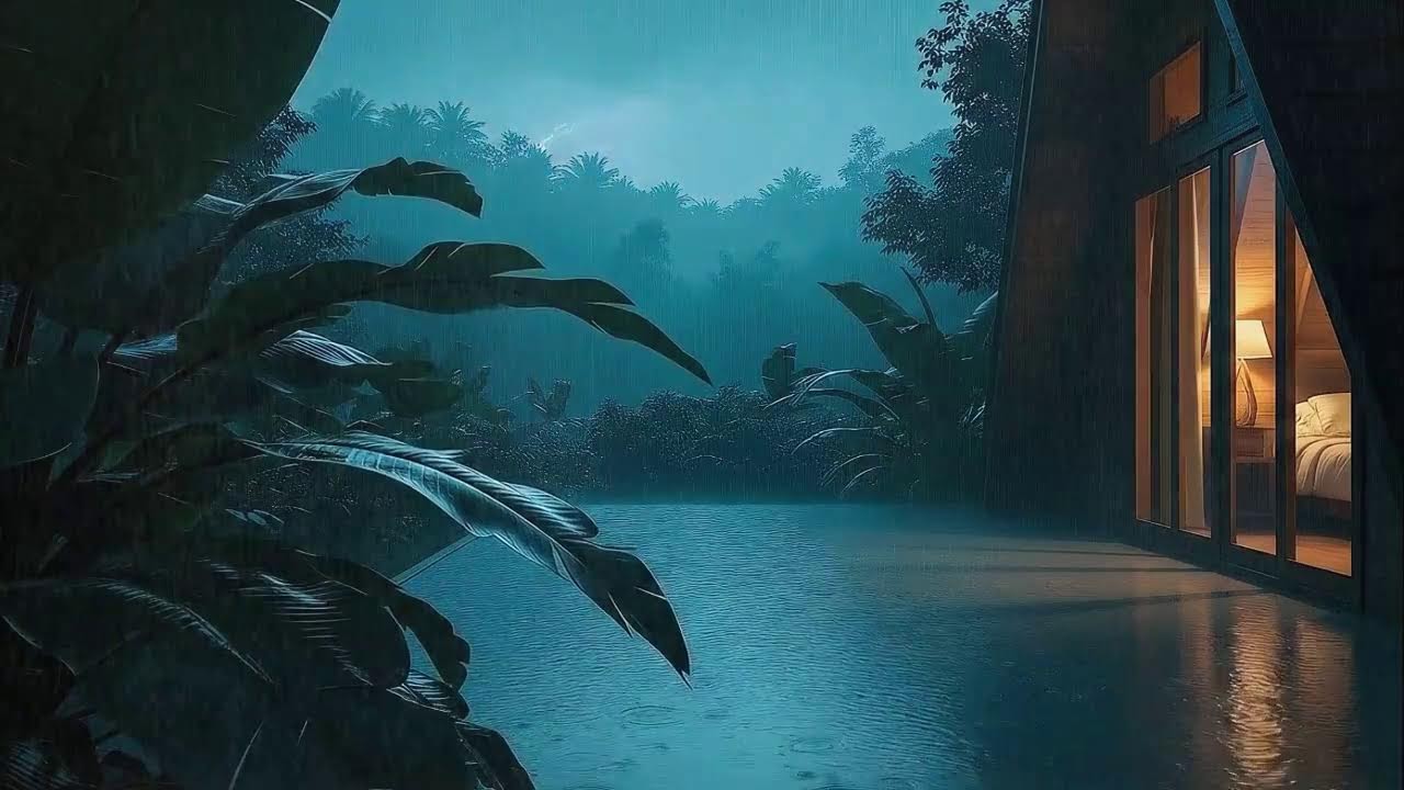 Sleep Now with Light Rain and Rolling Storm at Forest Cabin Terrace 🌧️