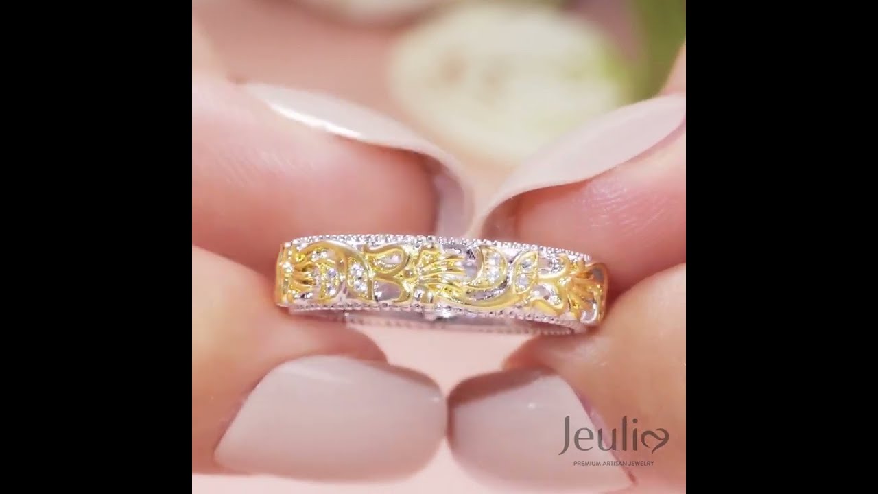 Two Tone Floral and Leaf Carved Unique Sterling Silver Women's Band  - Jeulia.com