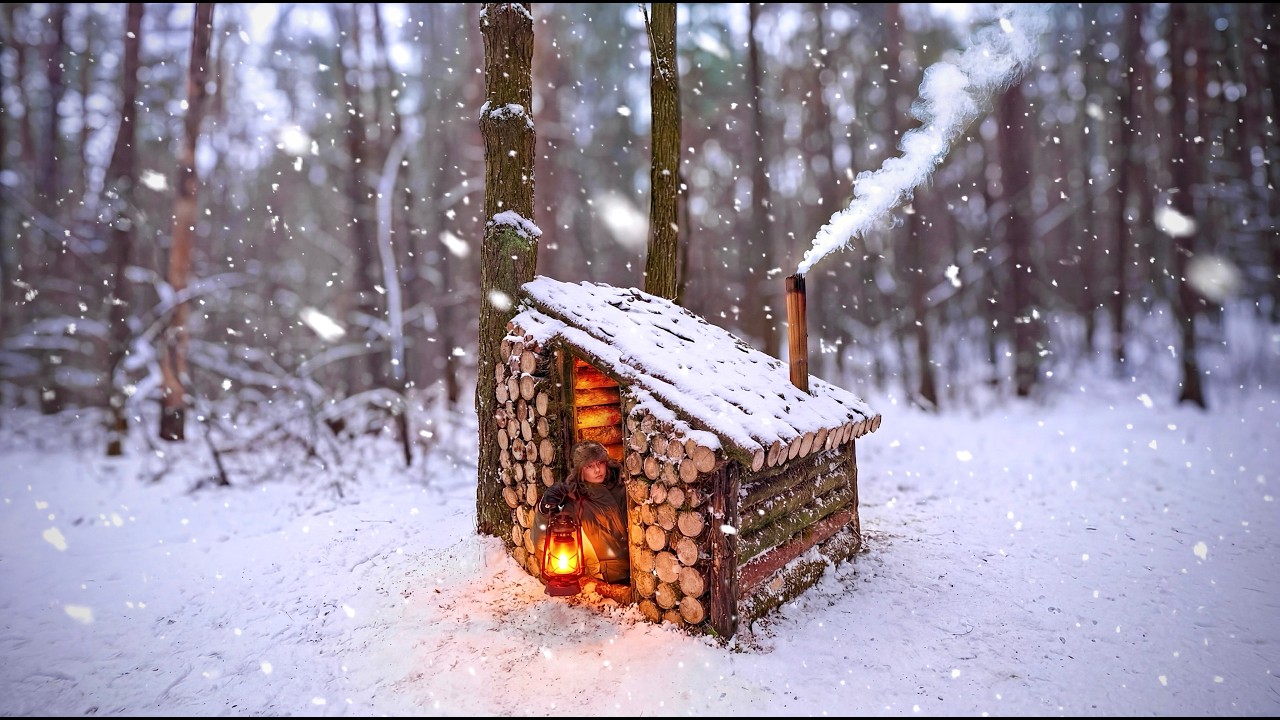 Building a Warm and Cozy Log Cabin for Survival. Winter Bushcraft, Survival