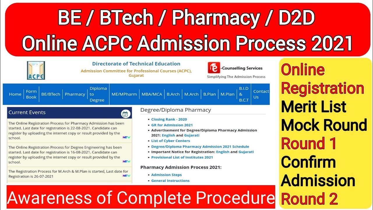 ACPC Admission Process 2021|BE/BTECH |PHARMACY |D2D |Registration |Descrepancy |All Round |Admission