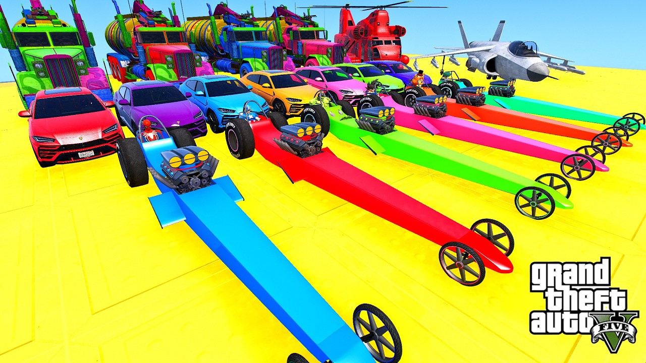GTA V New Super Epic Mega Ramp Challenge Heroes and Sport Cars 