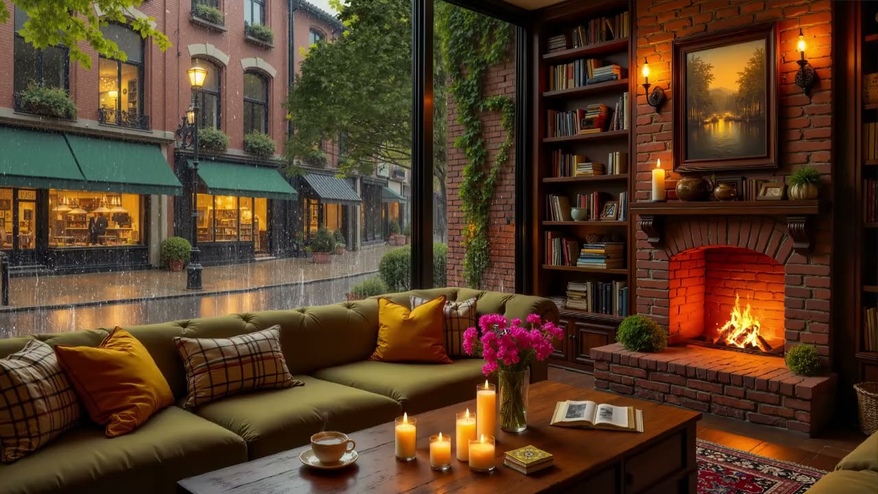 Calm Rainy Coffee Shop by the Window ☕ Gentle Jazz Piano & Fireplace Sounds for Study & Relax