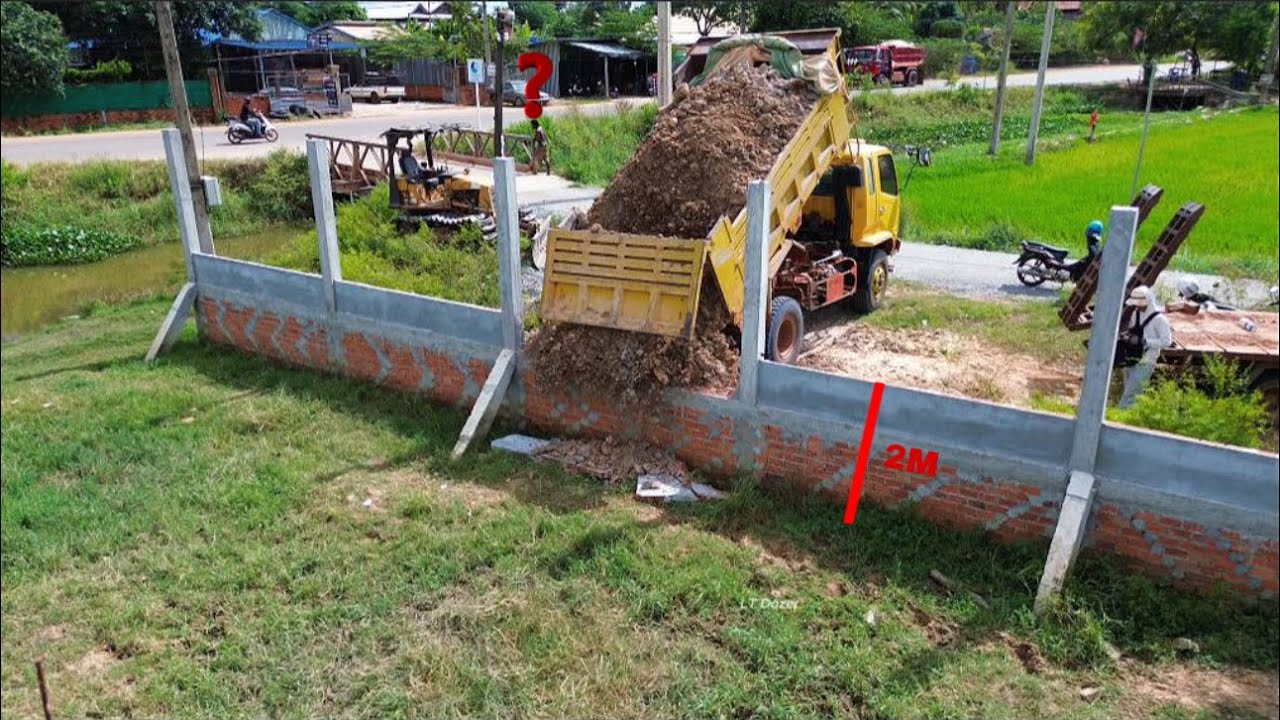 Full Operation Project, Filling Up Land Huge,Bulldozers D20P Pushing Soil & Dump Trucks Unloading